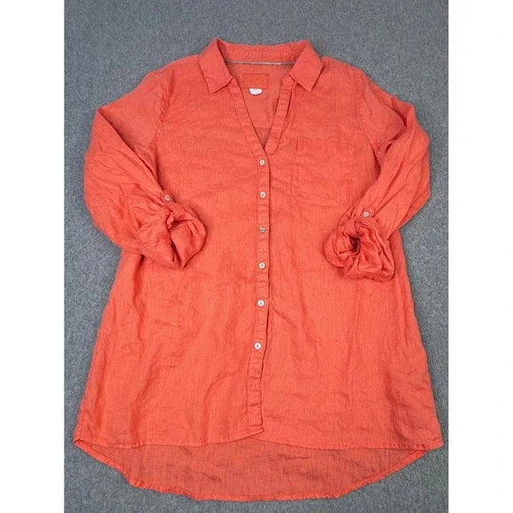 Sigrid Olsen Linen Top Orange Roll Sleeve Women's Size M Tunic Lagenlook Coastal - Picture 1 of 5